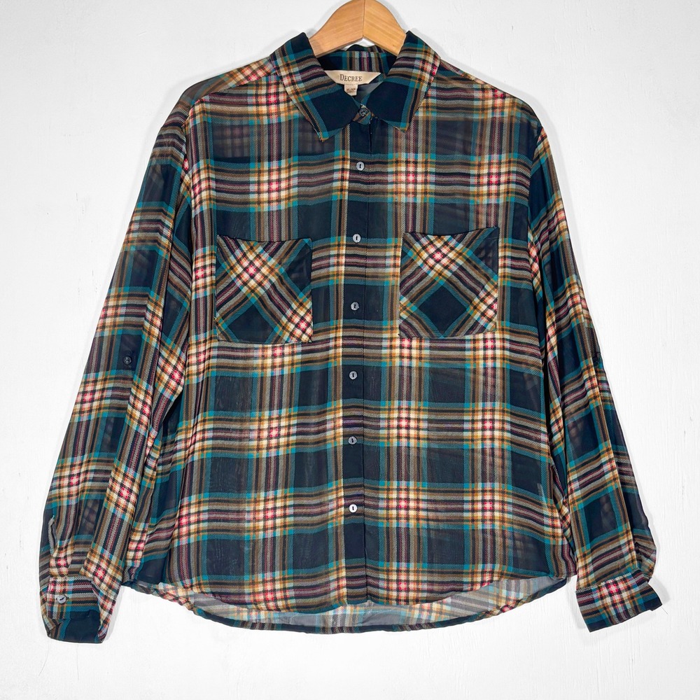 Decree Plaid Sheer‎ Chiffon Button Down Roll Tab Shirt Womens XL Dark Academia